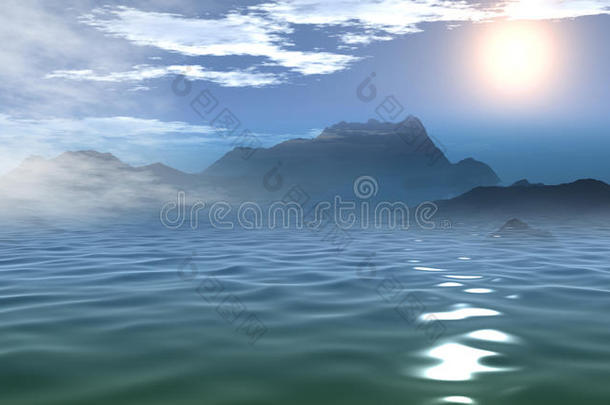 三维美丽的海上晨景