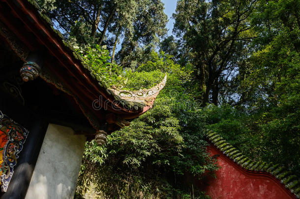 阳光明媚的日子，中国古代建筑在树林里的檐口