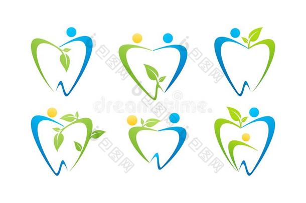 牙科护理标志，牙科插图健康人自然符号集设计矢量