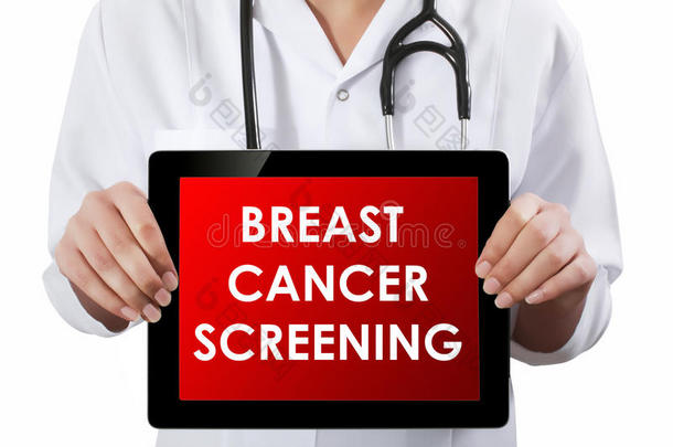 医生显示片与乳腺癌筛查文本。