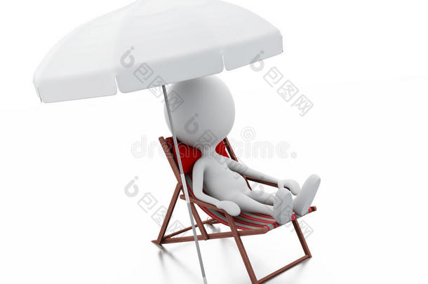 三维白人在沙滩椅子上放松。 夏天的概念