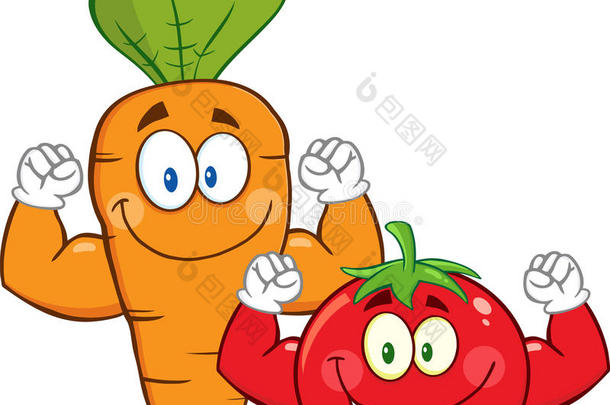胡萝卜和西红柿卡通吉祥物人物显示肌肉手臂