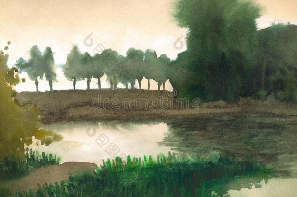 水彩<strong>风景画</strong>。宁静湖畔的树木