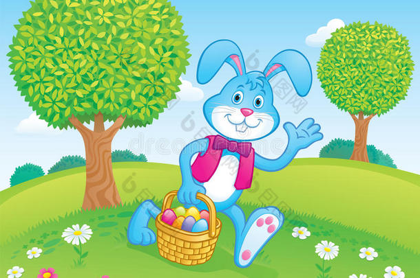 复活节兔子拿复活节篮子的场景