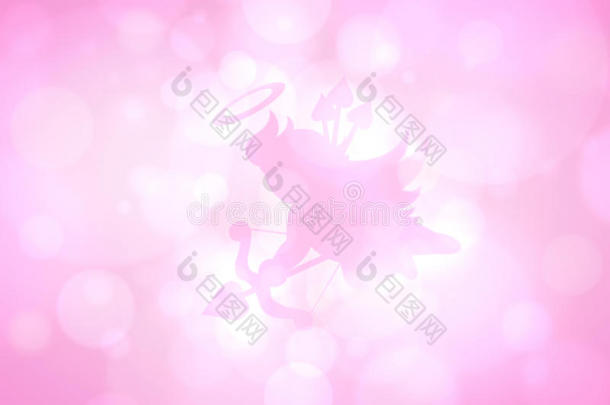 丘比特拍摄爱情蝴蝶结在模糊粉红色的心博基为情人节