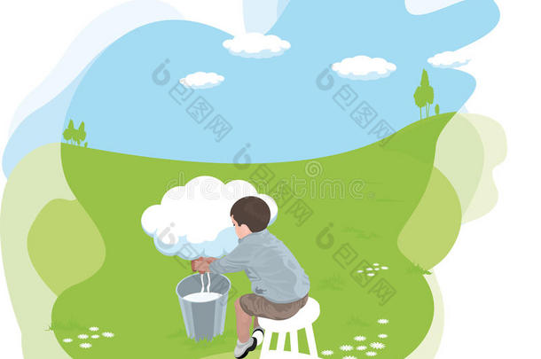 卡通的坐着的男人从云端挤奶