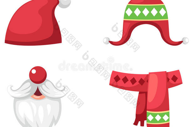 圣诞节设置了红色圣诞老人的帽子，围巾和帽子孤立的载体