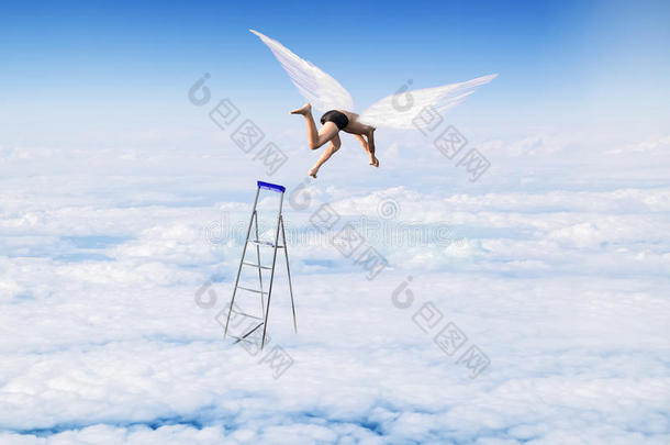 天使翅膀飞翔的男孩，从天上的楼梯上跳下来