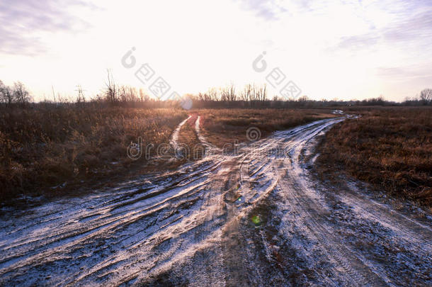 清脆的冬天早晨，有霜树和乡间道路