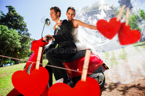 新婚夫妇享受滑板车骑行的复合图像