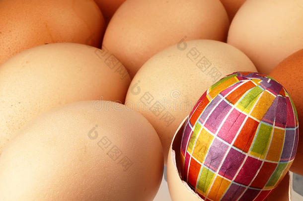 彩色复活节彩蛋在普通鸡蛋的<strong>陪伴</strong>下。