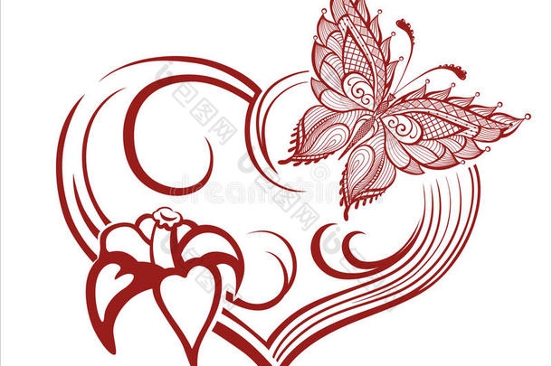 卷发和装饰抽象剪影蝴蝶，心和花的装饰组成
