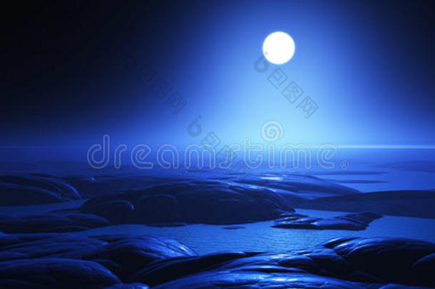 带月亮的3D幻想夜晚景观