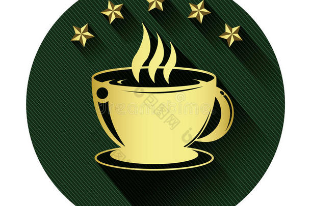 金色咖啡杯和五星图标，具有长影效果