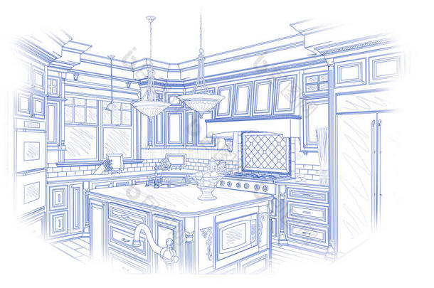 蓝图自定义厨房设计图纸上的白色
