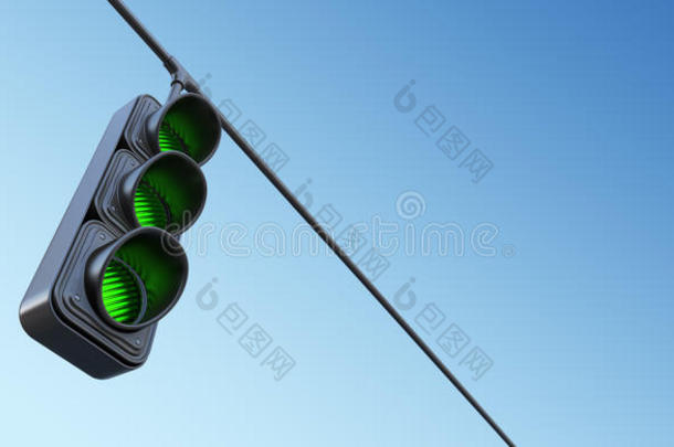天空上的绿色街道红绿灯。 三维插图