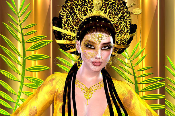 亚洲公主，金色皇冠，金色和绿色背景。 现代数字艺术美、时尚和化妆品。