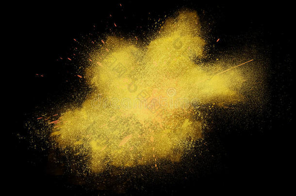彩色黄色粉末爆炸的冻结运动