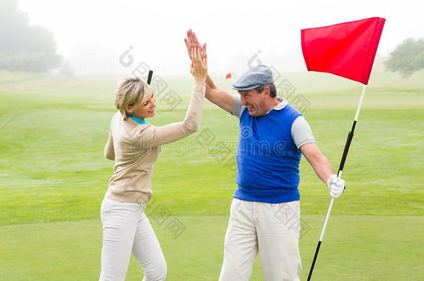 高尔夫夫妇在高尔夫球场上<strong>高举</strong>