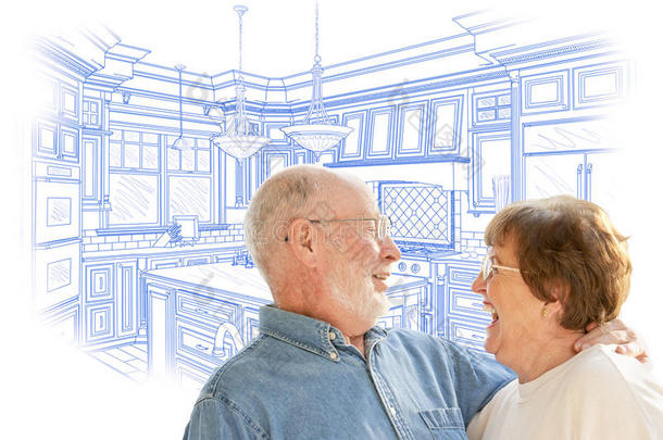 可爱的老年夫妇在<strong>定制</strong>厨房<strong>设计</strong>图纸上的白色