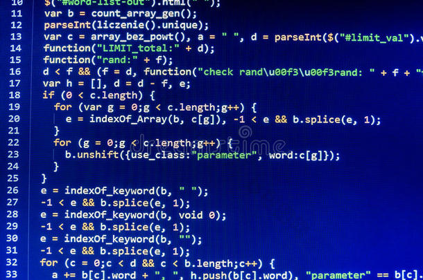 编码编程源代码屏幕。 彩色抽象数据显示。 软件开发人员Web程序脚本。