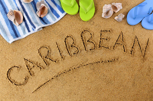 加勒比海滩夏季沙字写作