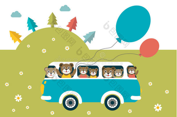 儿童主题。有快乐熊的巴士。