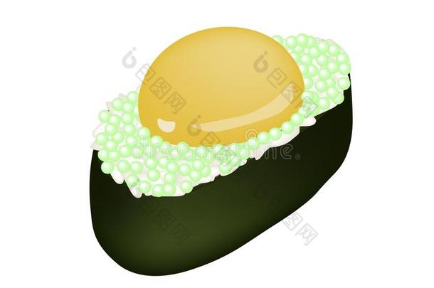 绿色托比科寿司与乌苏拉或<strong>生鹌鹑蛋</strong>