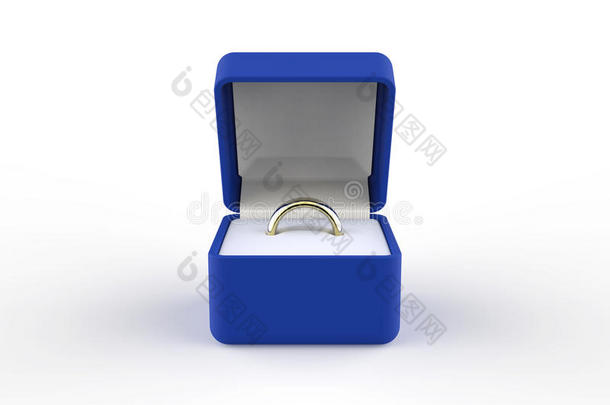 <strong>蓝色婚礼</strong>盒，金色戒指在白色背景3D