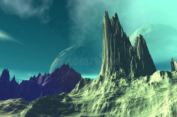 3d渲染的幻想外星行星。岩石与月亮