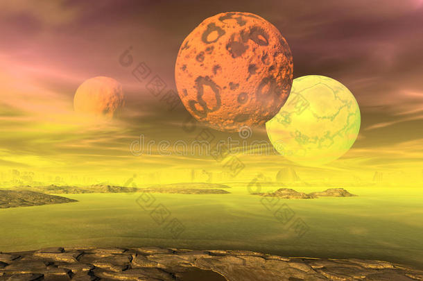 3d渲染的幻想外星行星。岩石与<strong>月</strong>亮