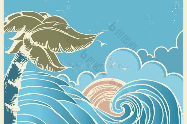 蓝色海景，大波浪和太阳在旧海报上