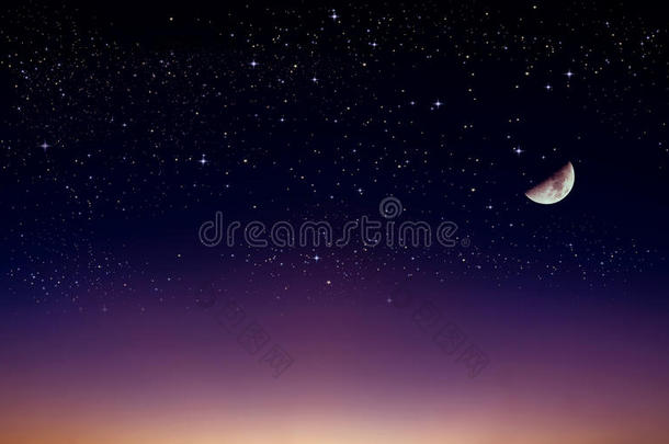 夜晚的景色，有半月，天空中闪烁着白色的星星，从遥远的地平线上黄昏