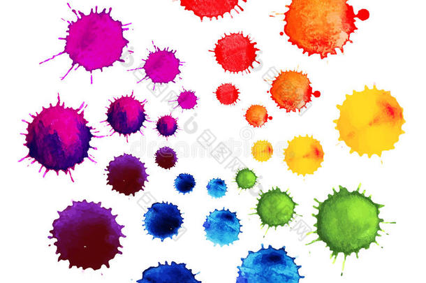 由水彩斑点制成的抽象花。 彩色抽象矢量油墨颜料飞溅。 彩色车轮。