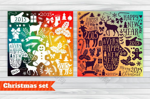 圣诞<strong>贺卡模板</strong>，矢量圣诞快乐收藏，新年捆绑图标，圣诞设计元素。 冬天