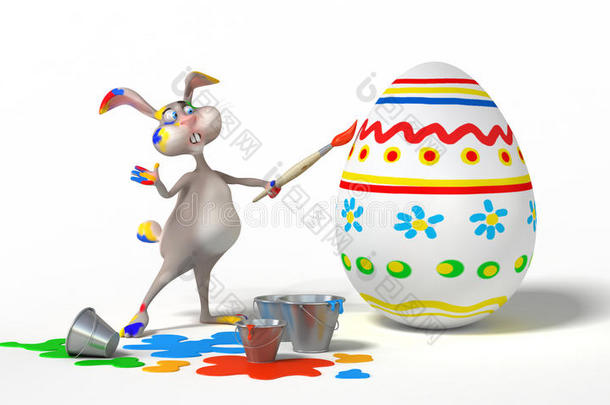 有趣的复活节兔子在白色背景上的鸡蛋上画画。 假日插图