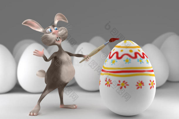 有趣的复活节兔子在鸡蛋上画画。 假日插图