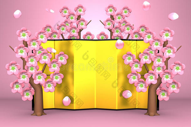 粉红色的樱花和镀金折叠屏风