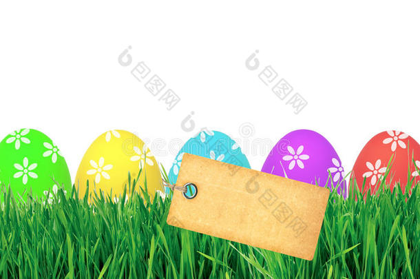 复活节鸡蛋在青草和空白卡上隔离在白色