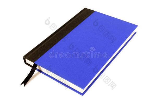 蓝色和黑色精装书与书签隔离在白色背景