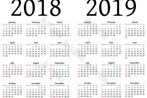 2018年和2019年日历