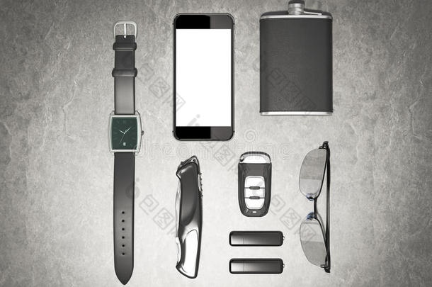每天携带男士物品收集：眼镜，USB，钥匙，手表，烧瓶。
