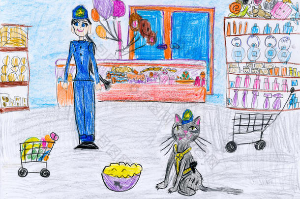 猫和商店里的一个女孩。 儿童绘画。