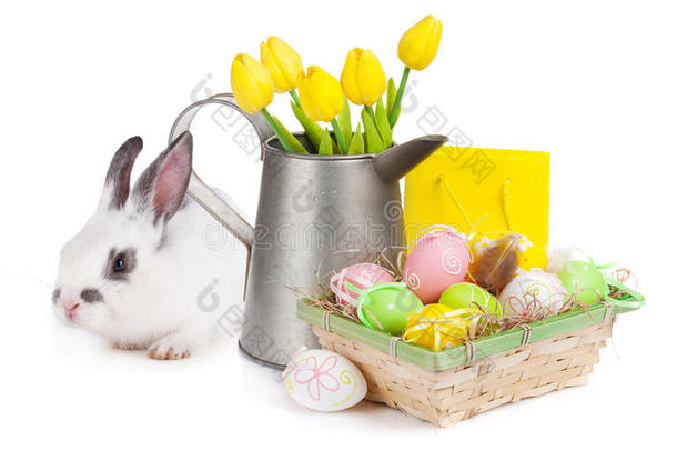 复活节有五颜六色的鸡蛋，黄色郁金香和兔子