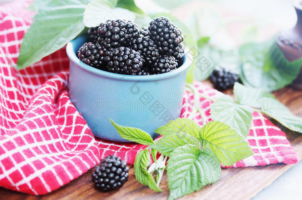 新鲜的黑莓放在蓝色的碗里