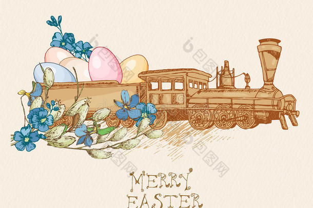 复活节贺卡上有<strong>鸡</strong>蛋，火车，<strong>米</strong>色背景上的<strong>花</strong>。