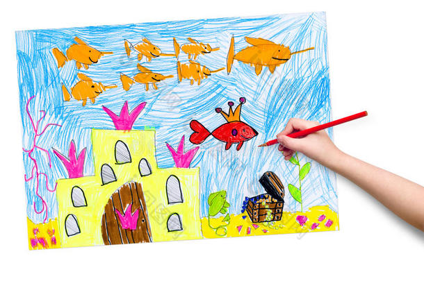 淹死的城堡和宝藏。 儿童绘画。