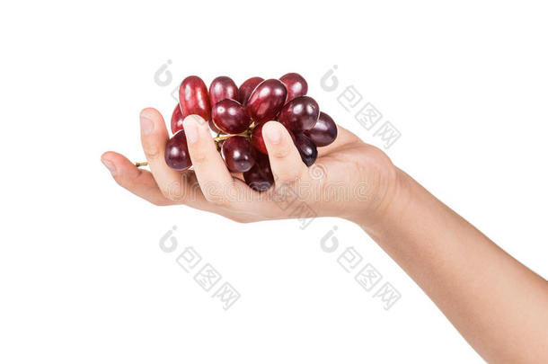 手里拿着一串深红色的葡萄