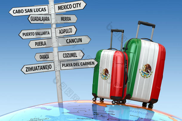 旅游概念。<strong>旅行箱</strong>和路标在墨西哥游览什么。
