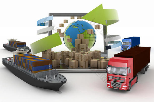 全球各地的纸板箱在笔记本电脑屏幕上，两艘货船和两辆卡车
